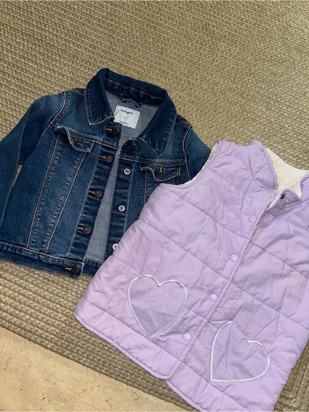 Denim Jacket & Lilac Heart Quilted Vest Set - Unbranded